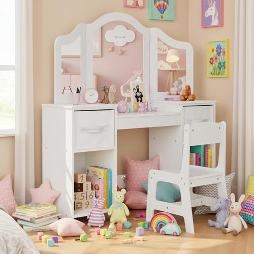 Clevich 2 in 1 Schminktisch Kinder, Kinderschminktisch mit Abnehmbarem Spiegel, Prinzessin Frisiertisch mit Hocker, Schreibtisch Set, 108x30x114 cm Schminktische für Kinder, Weiß