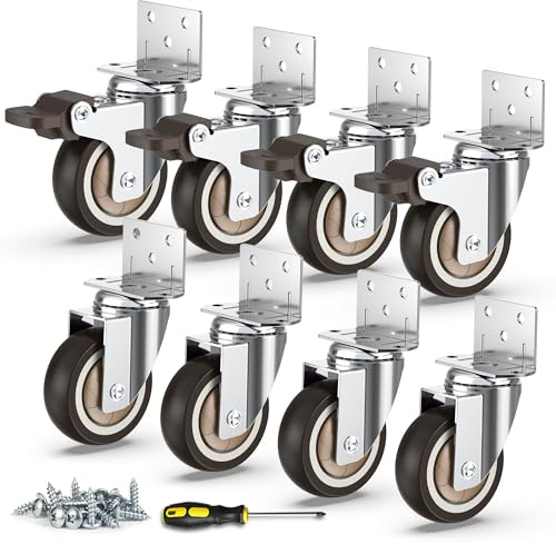 HOLKIE Side Mount Casters 2 Inch L-Shaped Small Rubber Caster Set of 8 with Ball Bearing Heavy Duty Furniture Wheels with Thickened L-Shaped Mounting Plate Ideal for Coffe Tables、Cribs（4 with Brakes）