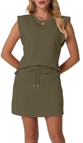 GRECERELLE Two Piece Outfits Women Summer Skort Set Tracksuit Womens Full Set Cap Sleeve Round Neck Top & Tennis Skirt with Pockets for Athletic & Casual (Army Green, M)