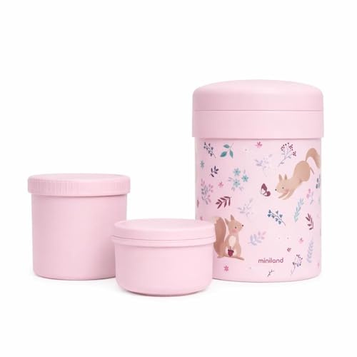 Miniland Termo Bebé para Comidas 745ml con 2 Recipientes Herméticos, Acero Inoxidable, Conserva Temperatura, Apto para Calentar y Libre de BPA | Thermetic Squirrel