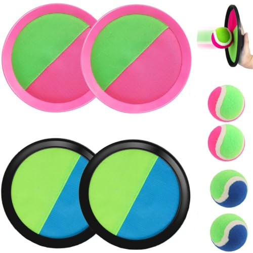 Captura Bolas Raqueta Set, Juego de Lanzamiento y Captura Deportiva, 4 Raquetas con Rasca + 4 Pelotas，Juego de Playa Exterior Interior Piscina Terraza para Infantiles Adultos 2-11 Años Pascua Regalos