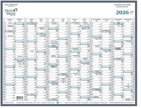 Quo Vadis - Calendrier mural - 2026 - Français - Classic - 12 mois de janvier à décembre - 55x40,5 cm - Papier Clairefontaine blanc - Fabrication française