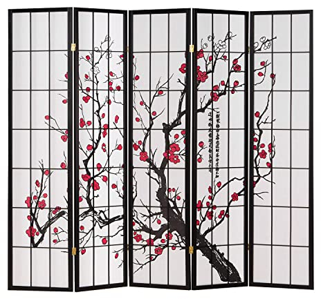 Homestyle4u Paravent Raumteiler 5 teilig Holz Schwarz Reispapier Weiß Kirschblütenmuster Sichtschutz Trennwand | Artikel 151
