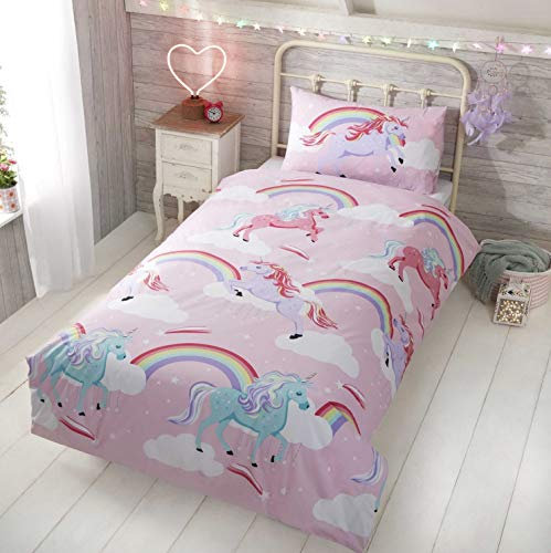 Rapport Home My Little Unicorn Toddler Cot Duvet Cover Set for Girls - Pink Polycotton Kids Bedding with Matching Pillowcase (120x150cm) Oeko-Tex Certified
