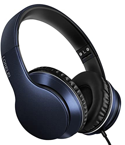 LORELEI X6 - Cascos con micrófono, ligeros, plegables, estéreo, bajos, 1,45 m de cable sin enredos, auriculares con cable para smartphone, tablet, MP3/4, azul oscuro