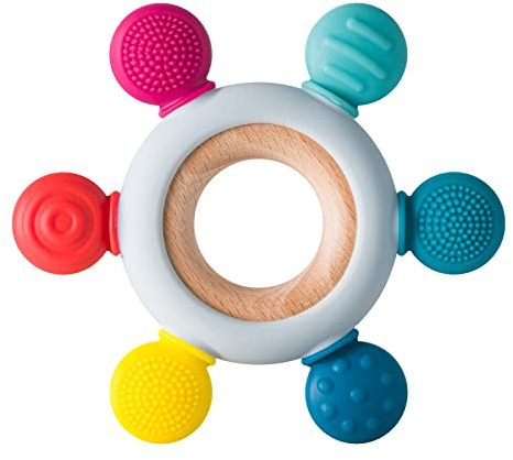 Arudyo Baby Teething Toys Silicone Teethers BPA Free Silicone Rudder with Wooden Ring Soothe Babies Gums (Rainbow)