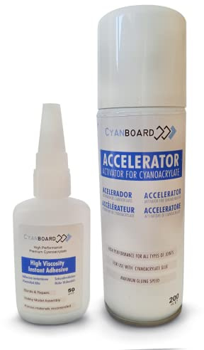 Cyanboard, Kit adesivo cianoacrilato ad alta viscosità (50 g) + attivatore acceleratore tappo pori (200 ml). Adesivo istantaneo per materiali porosi: legno, gomma, pelle.