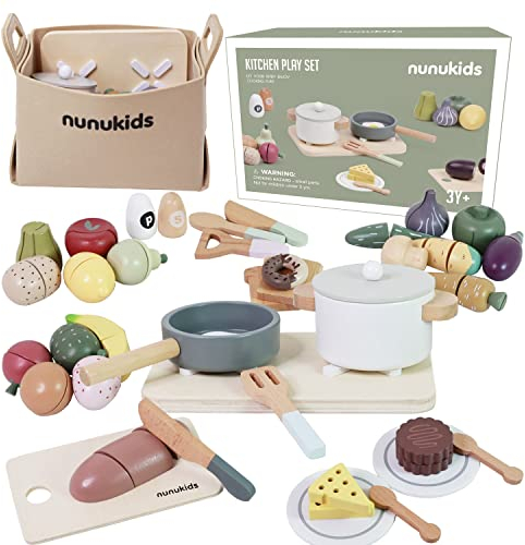 nunukids Spielküche Zubehör - Premium Holzspielzeug Set für Kinderküche und Kaufladen - Inklusive Topfset, Küchenspielzeug, Obst zum Schneiden und vieles mehr