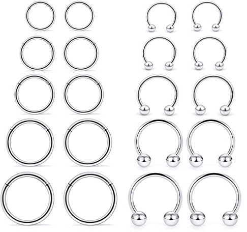 Hoeudjo 16G Stainless Steel Hinged Clicker Segment Septum Rings Horseshoe Earring Nose Lip Ring Hoop Cartilage Tragus Daith Helix Sleeper Earrings Body Piercing Jewelry Silvertone 8mm 10mm 12mm