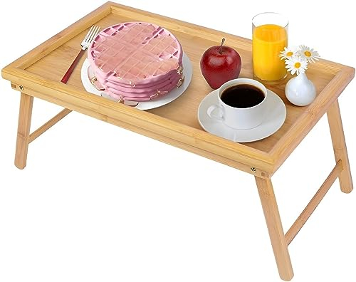 Bandeja para Cama Multiusos de Bambú, Mesa para Ordenador con Patas Plegable, Mesa Auxiliar Resistente para Desayuno, Trabajar y Estudiar, Mesa Portátil de Bambú para Sofa, 50x30x22cm