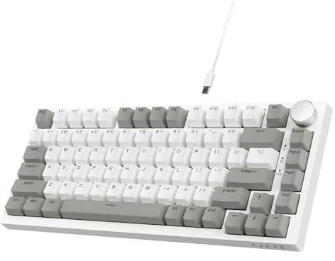 AJAZZ AK820 Wired Mechanical Keyboard,Full-key Hot-Swappable Gasket Gaming keyboard White Light 75% Layout,82 Keys with CNC Volume Knob,Poron Foam,PBT Keycap AS Red Switch,Poron Foam-Grey White