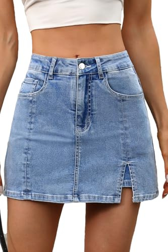 ELLEVEN Women’s Side Slit Denim Skort, High-Stretch,High Waisted,Y2K Mini Jean Skirt Shorts with 5 Pockets, A-Denim Blue, M