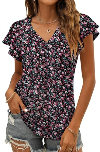 Floral Tops for Women Short Sleeves Dressy Blouses V Neck Casual Shirt 2023 Business T Shirts