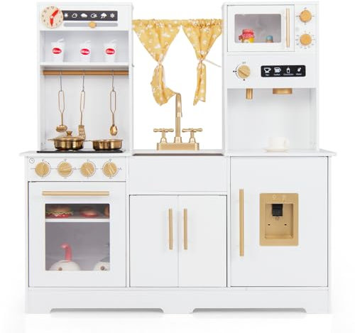 DREAMADE Kinderküche aus Holz mit Zubehör, Kinder Küche Kinderspielküche mit Kaffeemaschine Herd Ofen, Koch Pretend-Spielset Spielküche mit Licht und Sound für Kinder ab 3 Jahren (Weiß)
