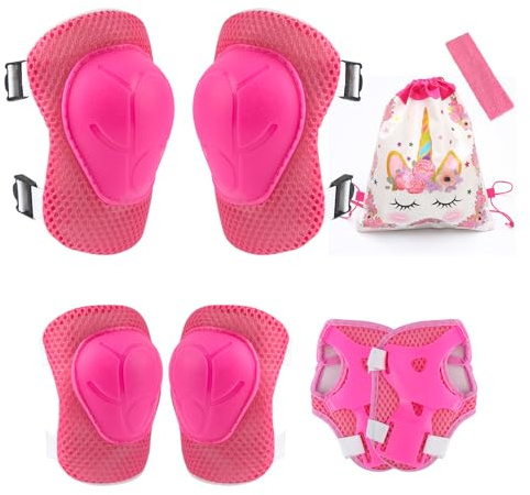 MUNSKT 8 Pcs Kids Pink Knee Pads Wrist Guards Elbow Protective Set, with Drawstring Storage Bag and Hair Band, 3-12 Years Old Girls Adjustable Comfortable Gear for Roller Skates Scooter Skating Riding