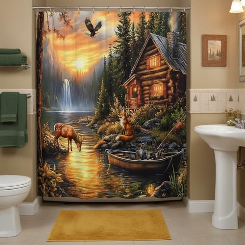 ZFMRZF Rustic Cabin Fish Shower Curtain Fishing Lodge Deer Lake 70x70 Inch | Farmhouse Forest Waterfall Eagle Fox hunting Camp Wildlife Bathroom Polyester with Hooks