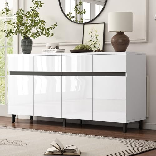 Hochglanz Sideboard mit 4 Schubladen 2 Türen und höhenverstellbaren Regalböden Kommode für Wohnzimmer Esszimmer Unterschränke Highboard Anrichte Weiß 160 * 40 * 68cm