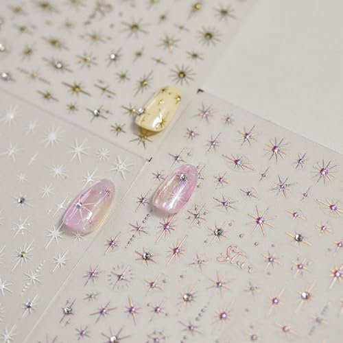 JMEOWIO 3D Nagelsticker Bunter Stern Nail Art Sticker Selbstklebend Nagelaufkleber 5D Stereoskopisch Dekoration Nageldesign Zubehör 3 Blatt