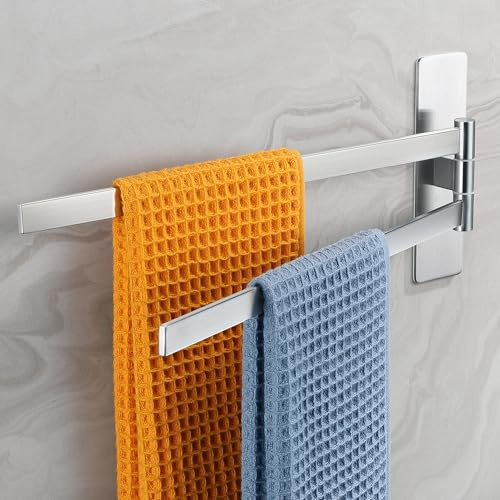 Dvocel Portasciugamani girevole a 2 bracci senza foratura, in acciaio inox spazzolato 304, autoadesivo, montaggio a parete, per bagno e cucina, argento