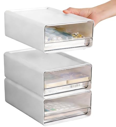 Vunancu 3 PCS Cajoneras Apilables de Plástico, Caja de Cajones Escritorio,Organizador de Oficina con Cajones, Cajoneras de Plástico Pequeñas para Bolígrafos, Borradores, Grapadoras y Notas Adhesivas