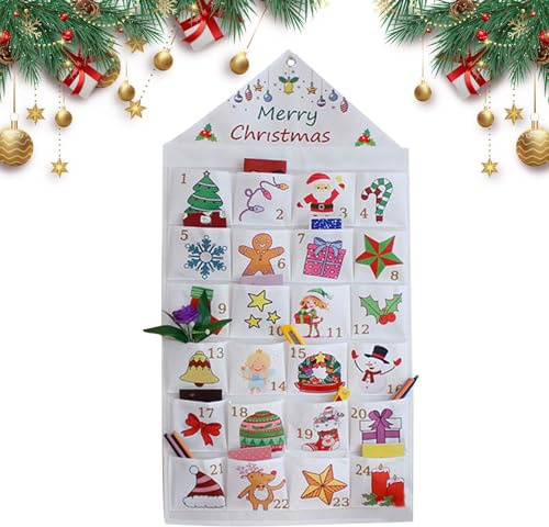 Calendrier de l'Avent Réutilisable – 24 Jours Compte à Rebours Noël avec Poches | Calendrier Suspendu en Tissu pour Maison, Décoration, Récompenses DIY pour et