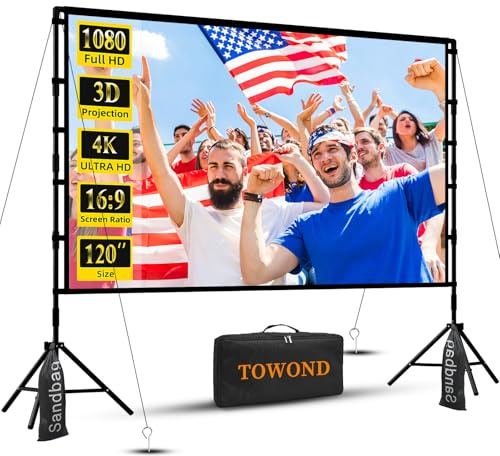 Outdoor Projector Screen with Stand, TOWOND 120 inch Projection Screen, Movie Screen 16:9 HD Foldable Anti-Crease Support Double Sided with Carry Bag for Outdoor Indoor