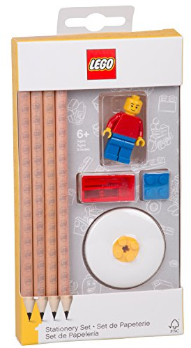 Lego Bleistifte Schreibwaren Set mit Minifigur - 4 Bleistifte, 1 Bleistiftaufsatz, 1 Bleistiftspitzer, 1 Radiergummi Kinder, Schulschreibset, Lego schulsachen Geschenk - ab 6 Jahren