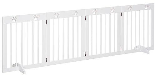 PawHut Freestanding Pet Gate 4 Panel Wooden Dog Barrier Folding Safety Fence with Support Feet up to 204cm Long 61cm Tall for Doorway Stairs White