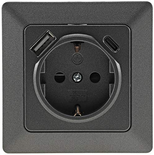 ChiliTec Steckdose mit USB-C MILOS Unterputz 250V / 16A UP-Steckdose Klemmanschluss Schutzkontakt-Steckdose mit erhöhtem Berührungsschutz USB-A Anthrazit