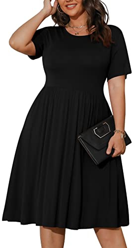 POSESHE Womens Plus Size Summer Dress 2023 Casual Short Sleeve Empire Waist Loose Fit Swing T-Shirt Dress with Pockets, B1-Black, 4XL Plus