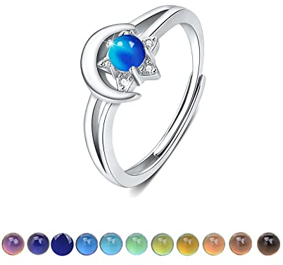 CUOKA MIRACLE Stimmungsring S925 Sterling Silber Verstellbare Offener Ring Mond und Stern Ring Stimmungsring Kinder Stimmung Schmuck Weihnachtsgeschenke für Damen Mädchen Freunde