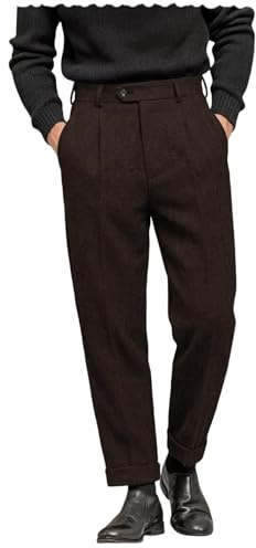 AeoTeokey Men's Suit Pant Herringbone Tweed Dress Vintage Trousers Casual Thick Wool Pleated Front (Coffee, 34W x 34L)