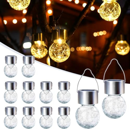GIGALUMI 12 Pack Solar Hanging Lights for Christmas Decoration - Cracked Glass, Waterproof for Garden, Yard, Fence, Tree (Warm White)