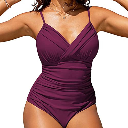 Bañador Mujer Reductores Vientre Plano Push up Elegante Traje de Baño con Aros Cuello en V Ajustables Tipo Sling Control de Barriga Pecho Grande Bañadores Mujer Verano Despedida Soltera