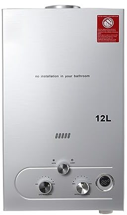 SUDEG Gas Durchlauferhitzer,12L LPG Warmwasserbereiter 24KW Instant Heißwasserbereiter Flüssiggas Durchlauferhitzer Warmwasserspeicher mit Plating-Duschkopf-Set,Silber