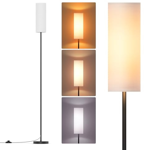 Lithomy 9W LED Stehlampe, Stehlampe Wohnzimmer Dimmbar, Stehleuchte mit 3 Farbtemperaturen, E27 Leselampe Standleuchte mit Leinen Lampenschirm & Fußschalter, Stehlampe Vintage für Schlafzimmer, Weiß