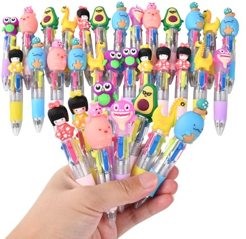 AUAUY Söt flerfärgad kulspetspenna, 32 st kul tecknad 4-färgs pennsats, multipennor 4 i 1, utdragbara kulspetspennor, festväska fyllmedel för barn, minipennor för skolmaterial Studenter barn present