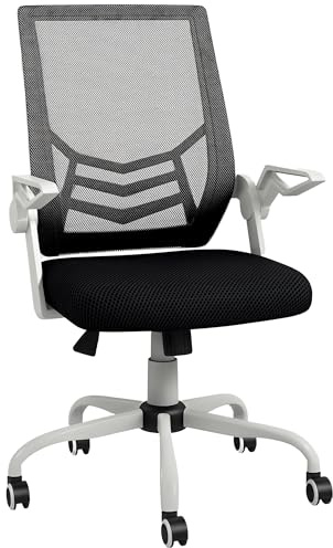 Vinsetto Office Chair with Flip-up Armrest, Mid Back Desk Chair with Mesh Back, Lumbar Support, Adjustable Height, Swivel Wheels for Home, Black and White