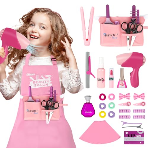 deAO Juguetes de Peluquería para Niñas, 32 Piezas Realista Estilismo y Peluquería Conjunto Juego Belleza, Beauty Salón con Peine, Tijeras, Secador de Pelo con Funciones, Juego de rol 3 4 5 Años