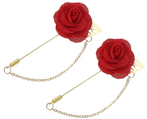 QUARKZMAN Épinglette à Chaîne Fleur Rose pour Homme, 4cm Épingle Costume Marié en Alliage Tissu Chaînes Suspendues pour Mariage Dîner Cérémonie, 2PCS Rouge