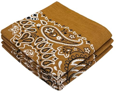 EVERY-VILLE Where EVERYone is Welcome 3 Pack Brown Bandana for Women Men Gift Packaging - Beige Cowgirl Cowboy Accessories Scarf Headband Neckerchief - Large Khaki Paisley Hair Face Covering