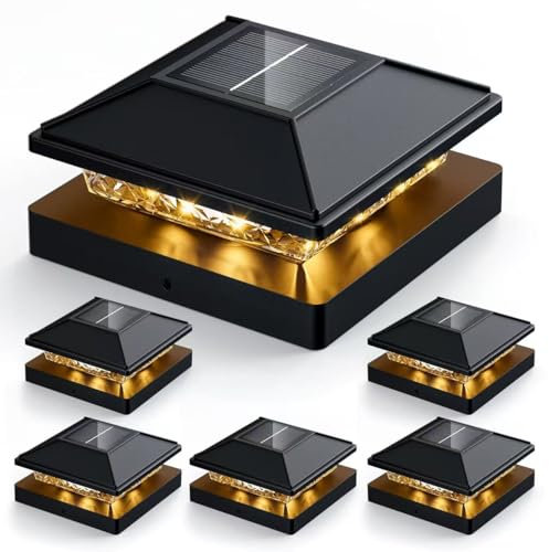 JOFIOS Post Cap Lights 6pack, 4x4 Deck Fence Post Solar Lights Outdoor, Black, Metal, Warm White Lighting