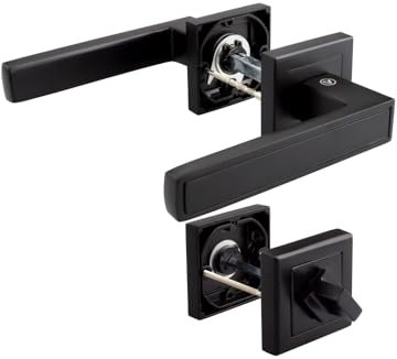 VERAMET Juego de manillas interiores para puertas de habitaciones, tiradores negros con roseta, juego de manillas negras para puertas de habitaciones (WC, para puertas de baño)