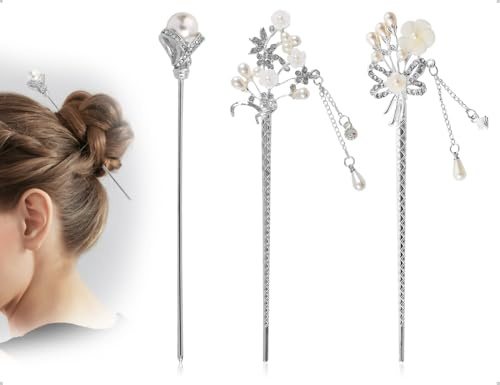 Emezddo 3 piezas de palillos para el cabello con perlas,horquilla china,horquilla vintage atormentada,accesorios para el cabello con flores,utilizados para niñas y mujeres,para fiestas retro