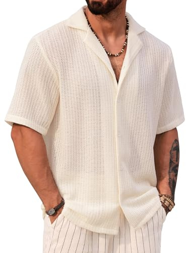Herberton Men's Trendy Button Down Shirt Crochet Shirt Knit Hawaiian Collared Hollow Out Short Sleeve Top White XXL