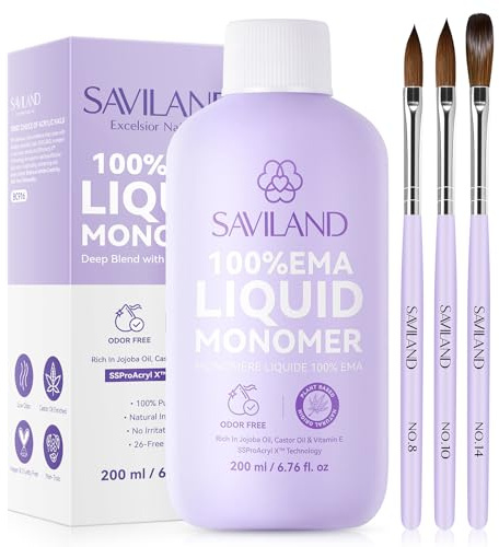 SAVILAND Kit Monomer Acryl Liquid : 200 ml Liquide Acrylique à Odeur Faible pour Ongles avec 3 Pinceaux Acryliques (#8/10/14), Monomère EMA pour l'Extension Ongles Acryliques
