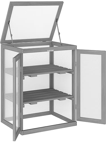 Outsunny 3 Stufen Gewächshaus, wetterfest Treibhaus mit Zwei Türen, Frühbeet aus Holz Polycarbonat, Frühbeetkasten bis 15 kg Belastbar (je Einlegeboden) 58 x 44 x 78 cm Dunkelgrau