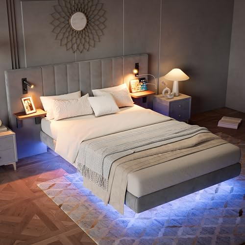 Merax Double bed frame, 4ft6 Double Upholstered Bed, 2 bedside reading lights with charging socket, Soft headboard with Storage Flat Panel, light strip under the bed, Grey/Velvet, 135CM*190CM