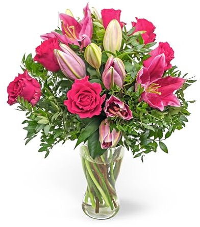 Bouquet de lys roses – Arrangement de fleurs fraîches livré à la main – Cadeau élégant avec expédition le jour suivant – Idéal pour anniversaire, condoléances, célébration ou Thanksgiving (taille M)
