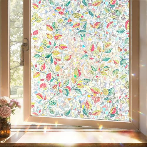 Stained Glass Window Film Privacy for Glass Windows, Window Film Privacy Vinyl Frosted No-Glue Static Cling for Home Kitchen Office Bathroom, Autumn Leaf Dream 44X200CM